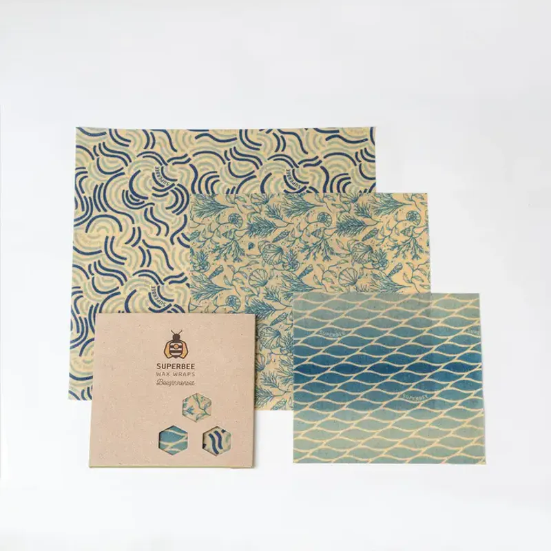 3 pc Beeswax Food Wraps Beeginner, Ocean Action / SuperBee