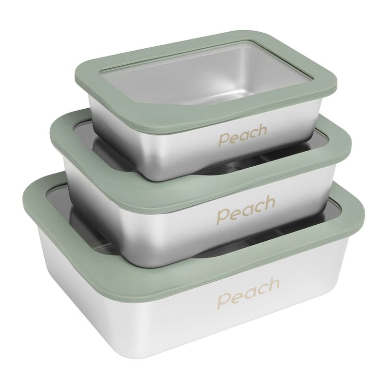 3pk plastfri stålboks med glasslokk - 650ml, 1200ml, 2200ml / Peach