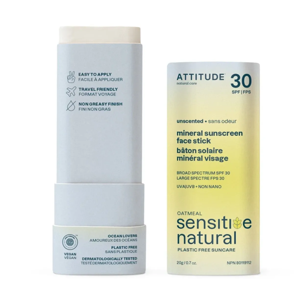Face Stick SPF 30 - Sensitive Unscented  Mineral Sunscreen 20g / ATTITUDE