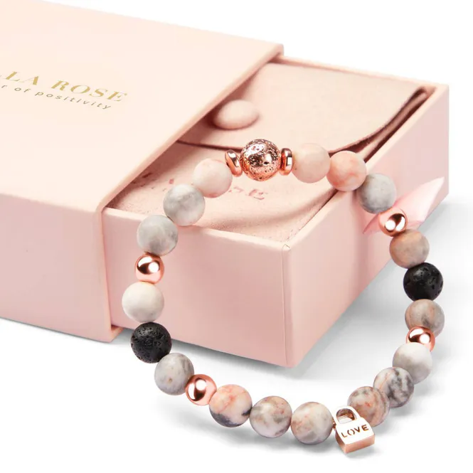 Hovedbilde Diffuserarmbånd med krystaller i gaveeske - rosa sebrajaspis og Love-charm, Scilla Rose