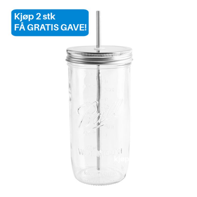 Ball Jar smoothieglass med lokk og sugerør - 7dl / Peach